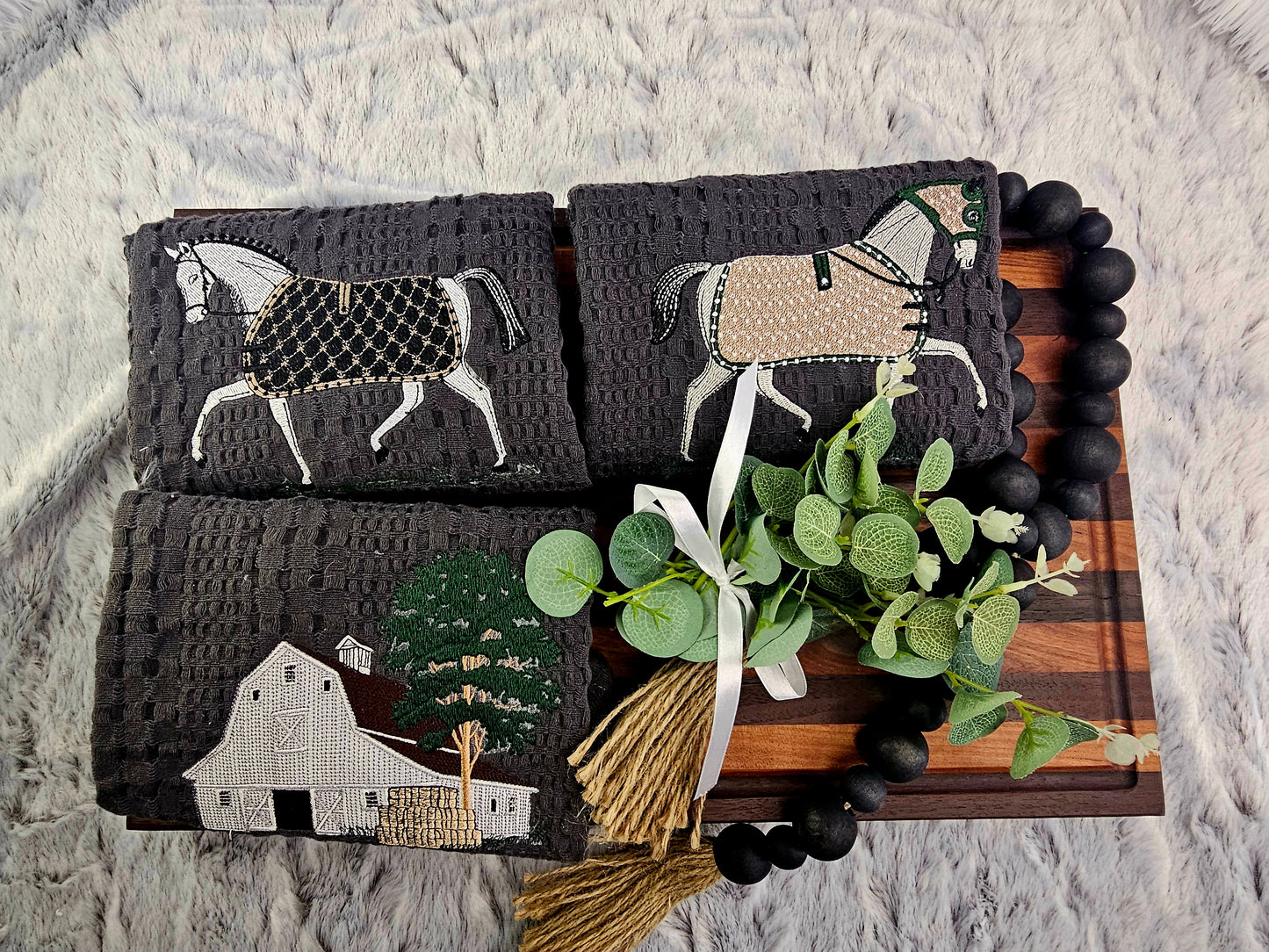 Machine Embroidered Horse Kitchen towel set.