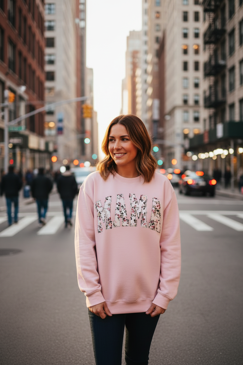 crew neck embroidered with a floral applique.