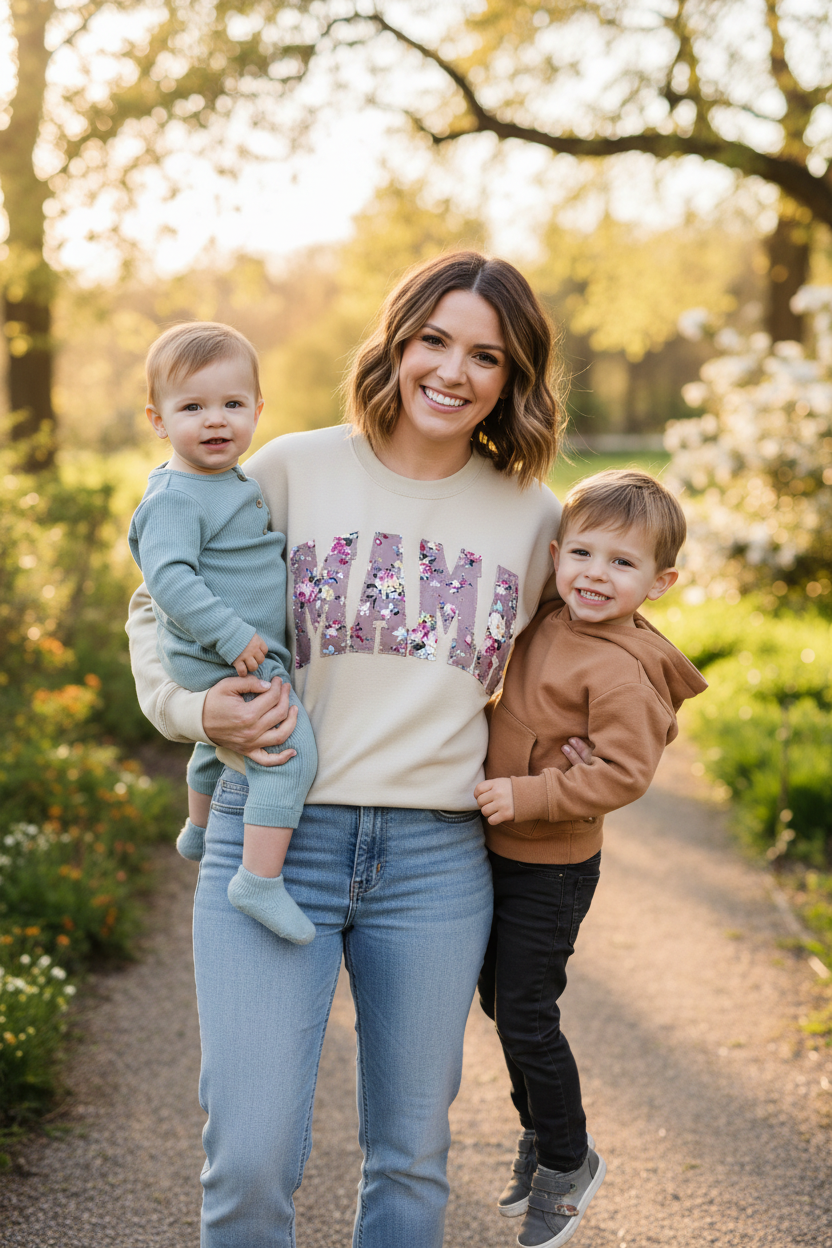 crew neck embroidered with a floral applique.