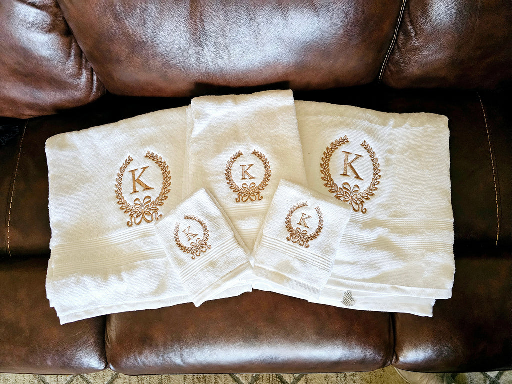 Embroidery monogram bath set.