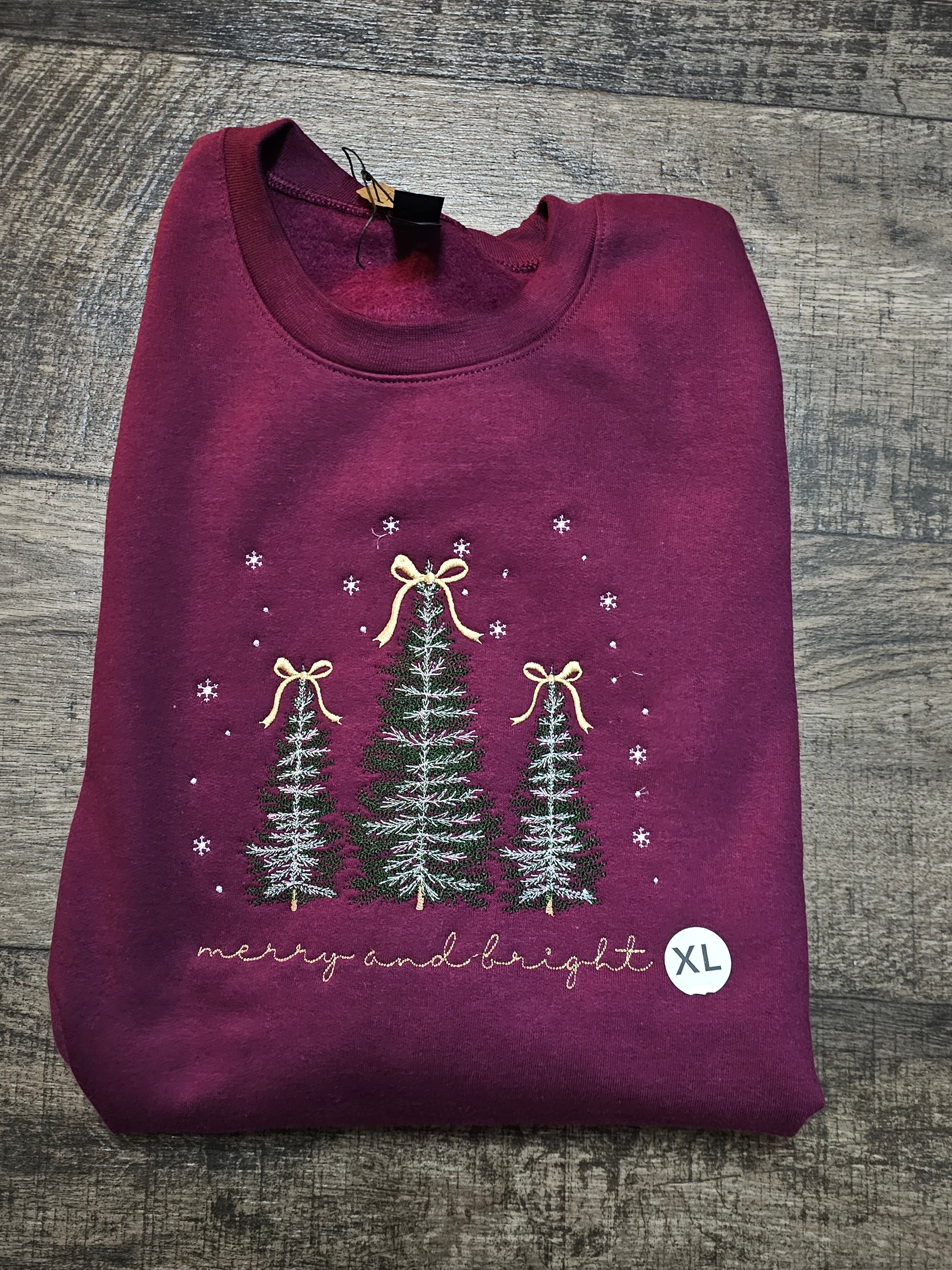 Maroon christmas trees. "Merry and Bright"