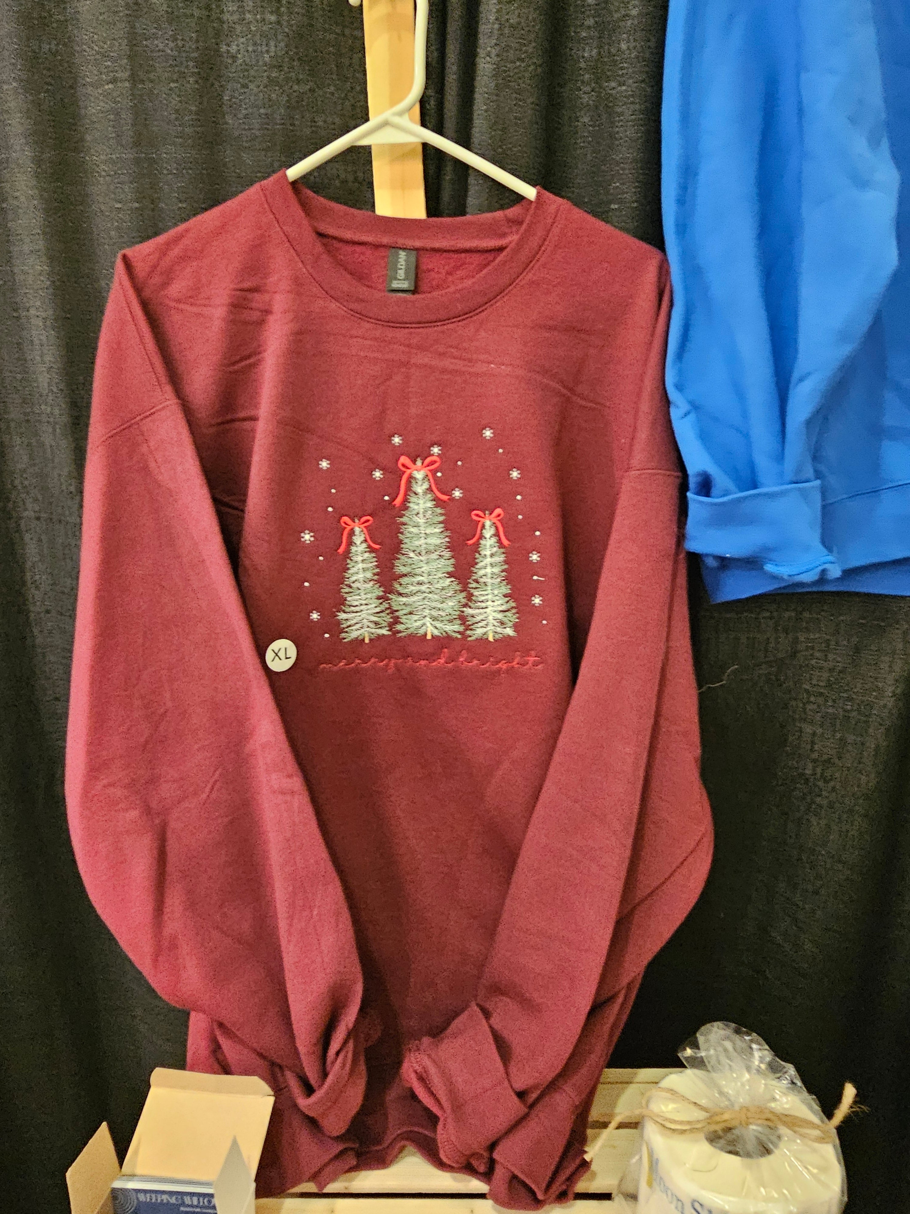 Maroon christmas trees. "Merry and Bright"